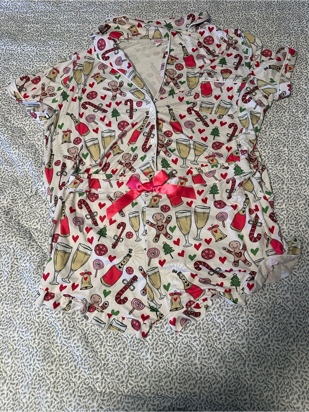 Women’s Festive Print Short Pajama Set - White with Red Accents